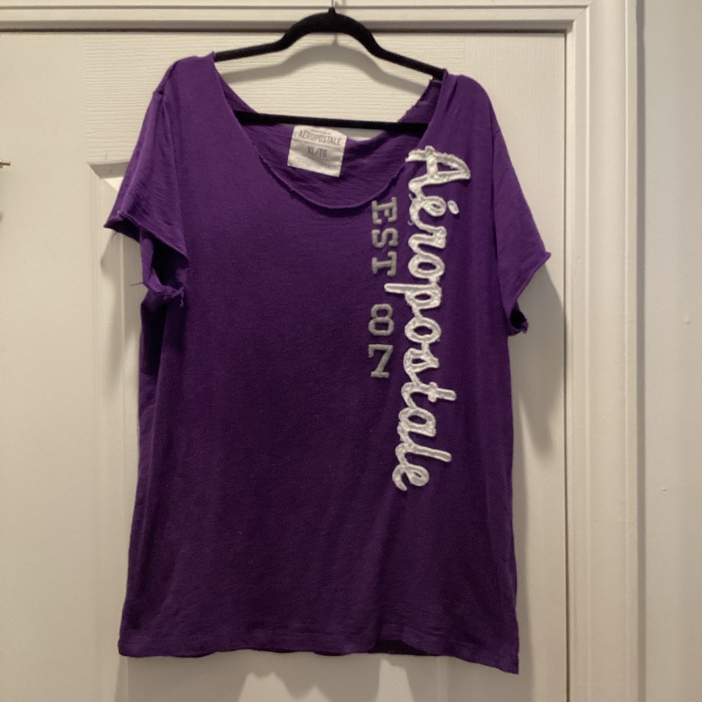 Aeropostale Purple Script Logo RAW NECK Tee - Picture 1 of 2